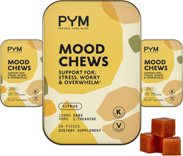 PYM Citrus Mood Chews Support for Stress, Worry & Overwhelm, 60 Count - 130Mg GABA, 90Mg L-Theanine - Vegan, Non-Gmo, Gluten-Free, No Added Sugar - All-Natural Mood Balance Supplement Made in USA!