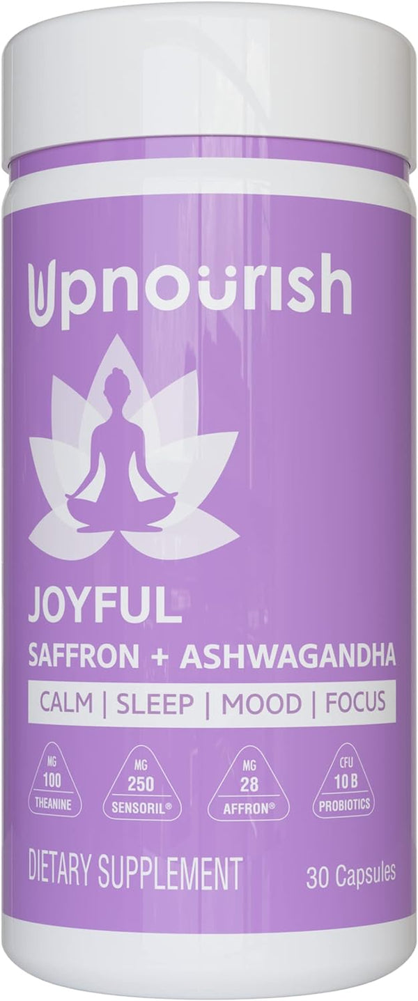 Organic Ashwagandha Saffron Supplements with Probiotics - Stress Relief, Mood Enhancer, Calm Happy Pills Support Fatigue Focus Clarity with L-Theanine, Rhodiola, 30 Vegan Capsules