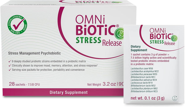 Stress Release - Clinically Tested Probiotic for Stress Management & Gut-Brain Axis Support - Stress Probiotic and Mood Probiotic - Vegan, Non-Gmo (28 Daily Packets)