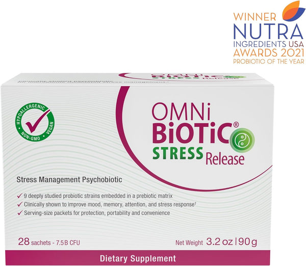 Stress Release - Clinically Tested Probiotic for Stress Management & Gut-Brain Axis Support - Stress Probiotic and Mood Probiotic - Vegan, Non-Gmo (28 Daily Packets)