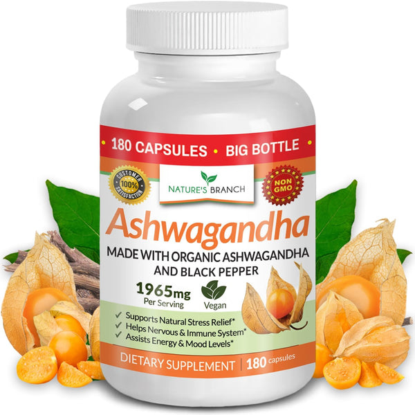 UDAF Certified Organic Ashwagandha with Black Pepper - 180 Capsules - 1965Mg Extra Strength for Stress and Mood, Sleep, Thyroid, Focus, Hair, Vegan Pure Root Extract Powder - Men and Women Supplements