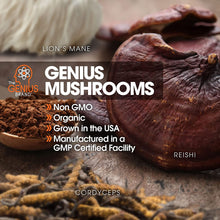 Genius Mushroom - Lions Mane, Cordyceps and Reishi - System Booster & Nootropic Supplement - for Energy & Support, 90 Veggie Pills