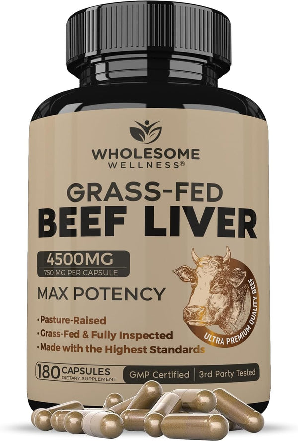 Grass Fed Desiccated Beef Liver Capsules (180 Pills, 750Mg Each) - Natural Iron, Vitamin A, B12 for Energy - Humanely Pasture Raised Undefatted in New Zealand without Hormones or Chemicals