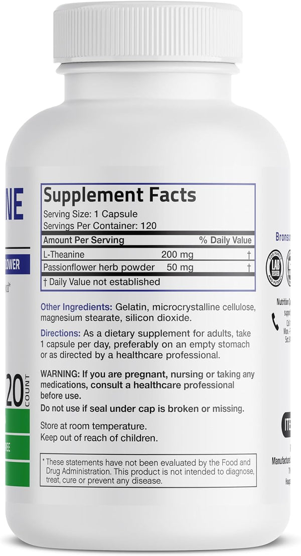 L-Theanine 200Mg (Double-Strength) with Passion Flower Herb, Non-Gmo Gluten-Free Soy-Free Stress Management Supplement, 120 Capsules