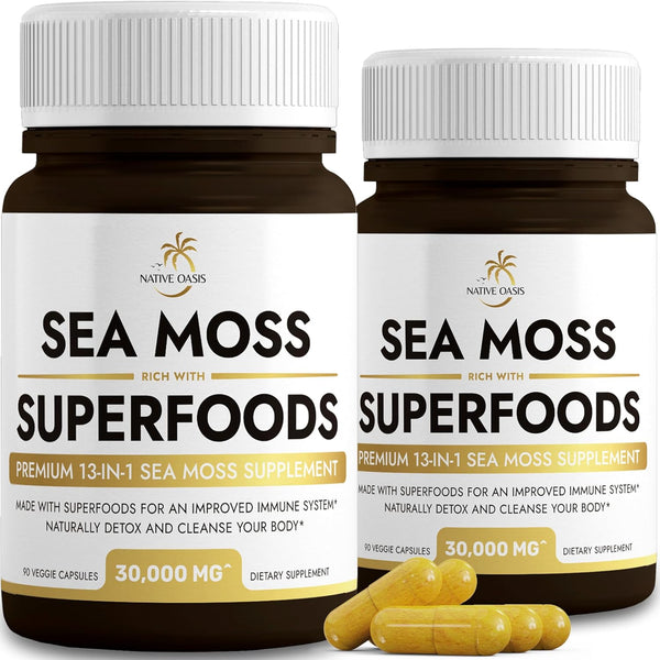 (2 Bottles) Sea Moss Capsules plus Superfoods | Sea Moss Black Seed Oil Ashwagandha Ginger (30,000Mg) Raw Irish Sea Moss Pills | Advanced Energy, Immune Support & Detox | 180 Count.