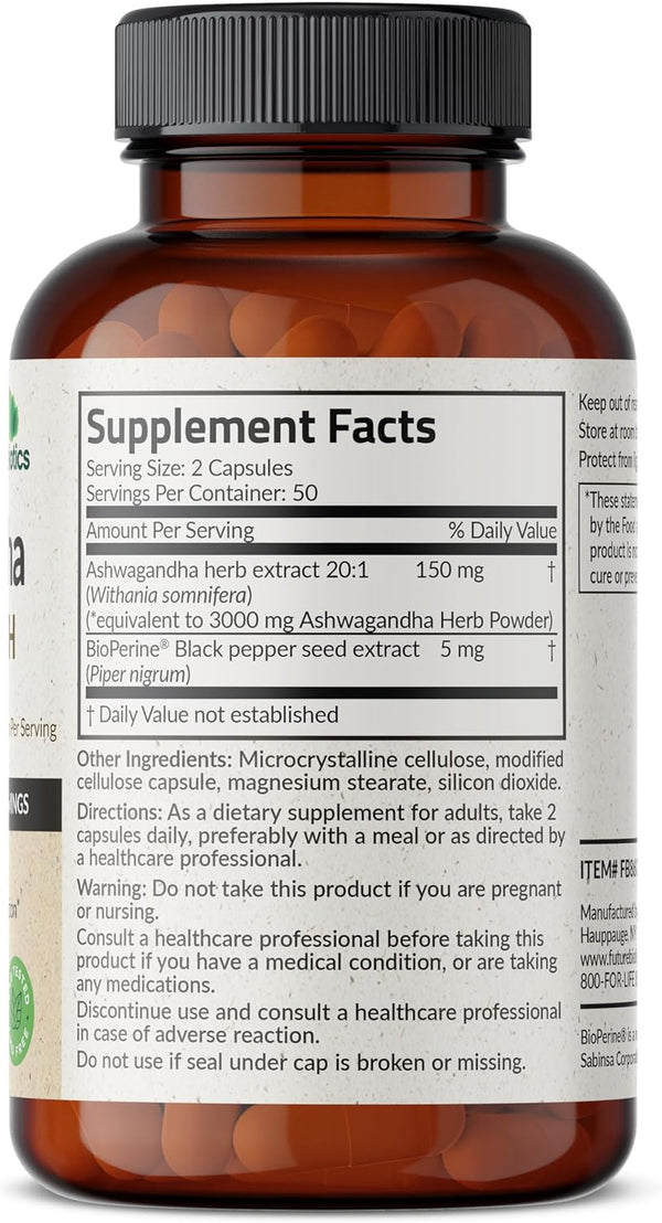 Ashwagandha Extra Strength Stress & Mood Support with Bioperine - Non GMO Formula, 100 Vegetarian Capsules