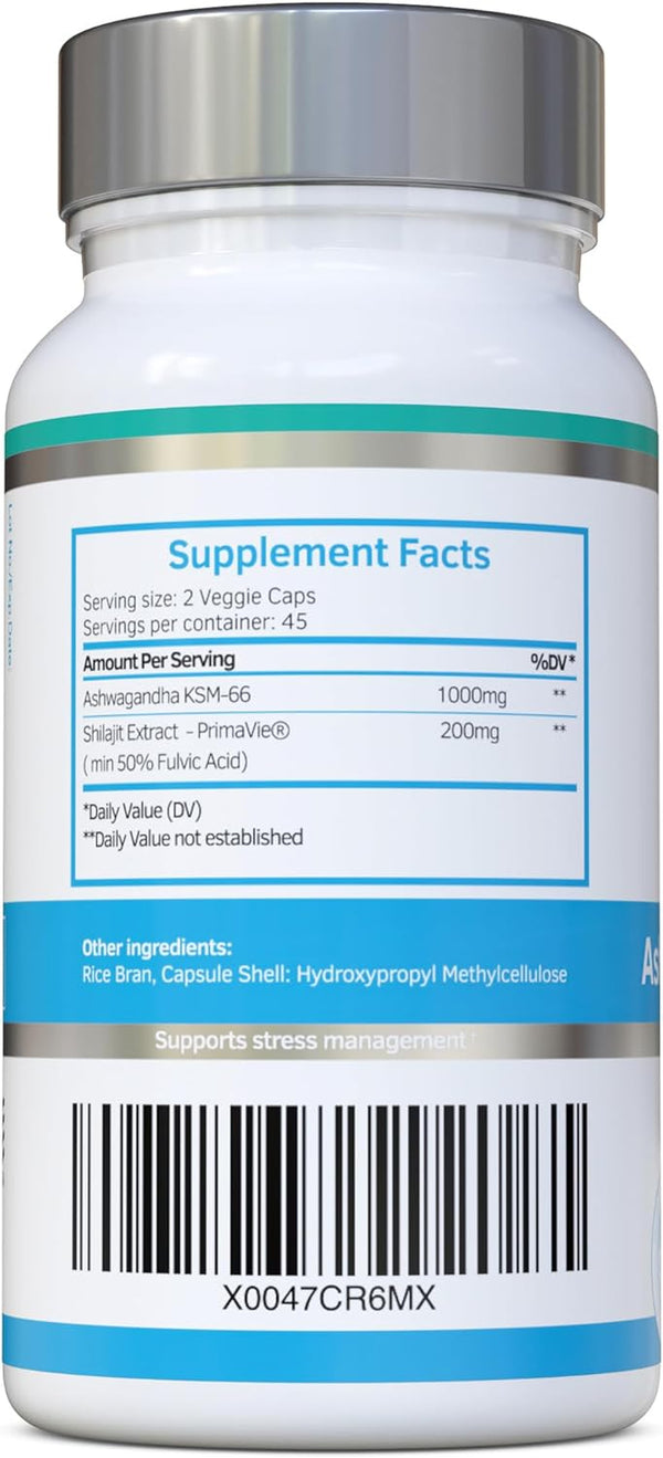 Ashwagandha & Shilajit - Ashwagandha KSM-66 1000Mg & Purified Shilajit Extract 200Mg (50% Fulvic Acid) - No Artificial Fillers, Binders or Flow Agents - Suitable for Vegans