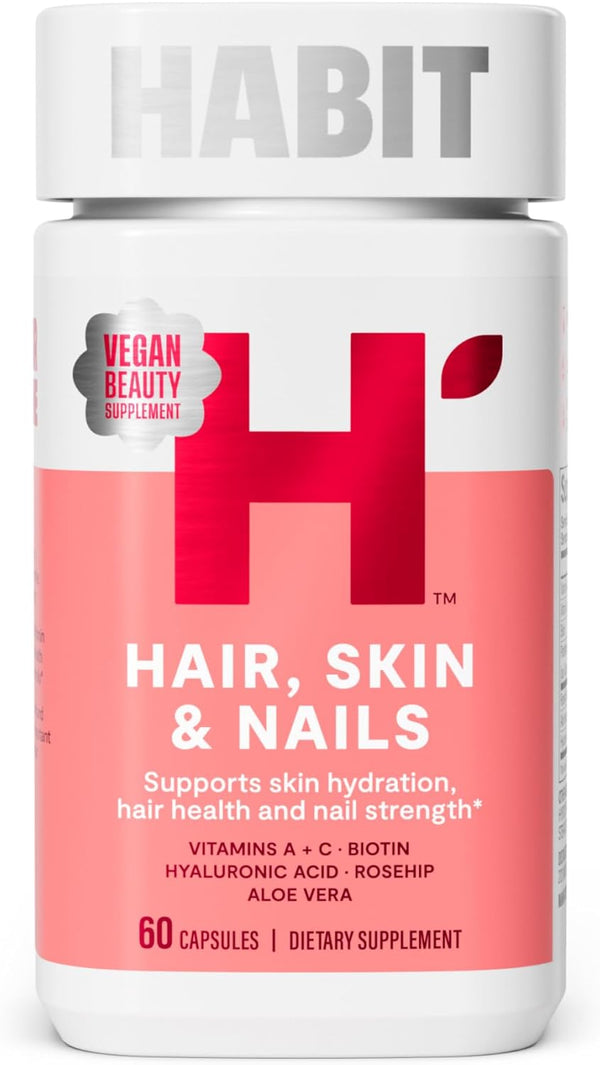 HABIT Hair, Skin & Nails Supplement (60 Capsules) - New Look, Supports Skin Hydration, Hair & Nail Strength, Biotin 2000Mcg, Vitamin a & C, Hyaluronic Acid, Rosehip, Vegan, Non-Gmo (1 Pack)