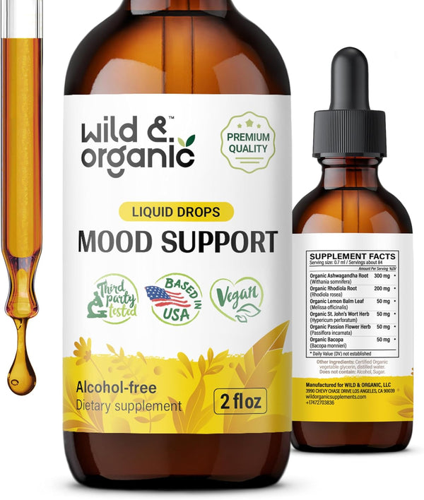 Mood Support Drops - Good Mood Supplements W/Ashwagandha Root & Rhodiola Rosea - Natural Liquid Drops for Positive Energy - Calm and Relax Supplements for Women and Men - Alcohol & Sugar-Free - 2 Oz