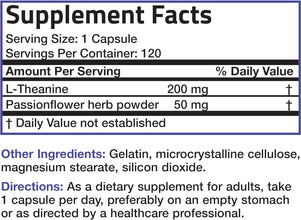 L-Theanine 200Mg (Double-Strength) with Passion Flower Herb, Non-Gmo Gluten-Free Soy-Free Stress Management Supplement, 120 Capsules